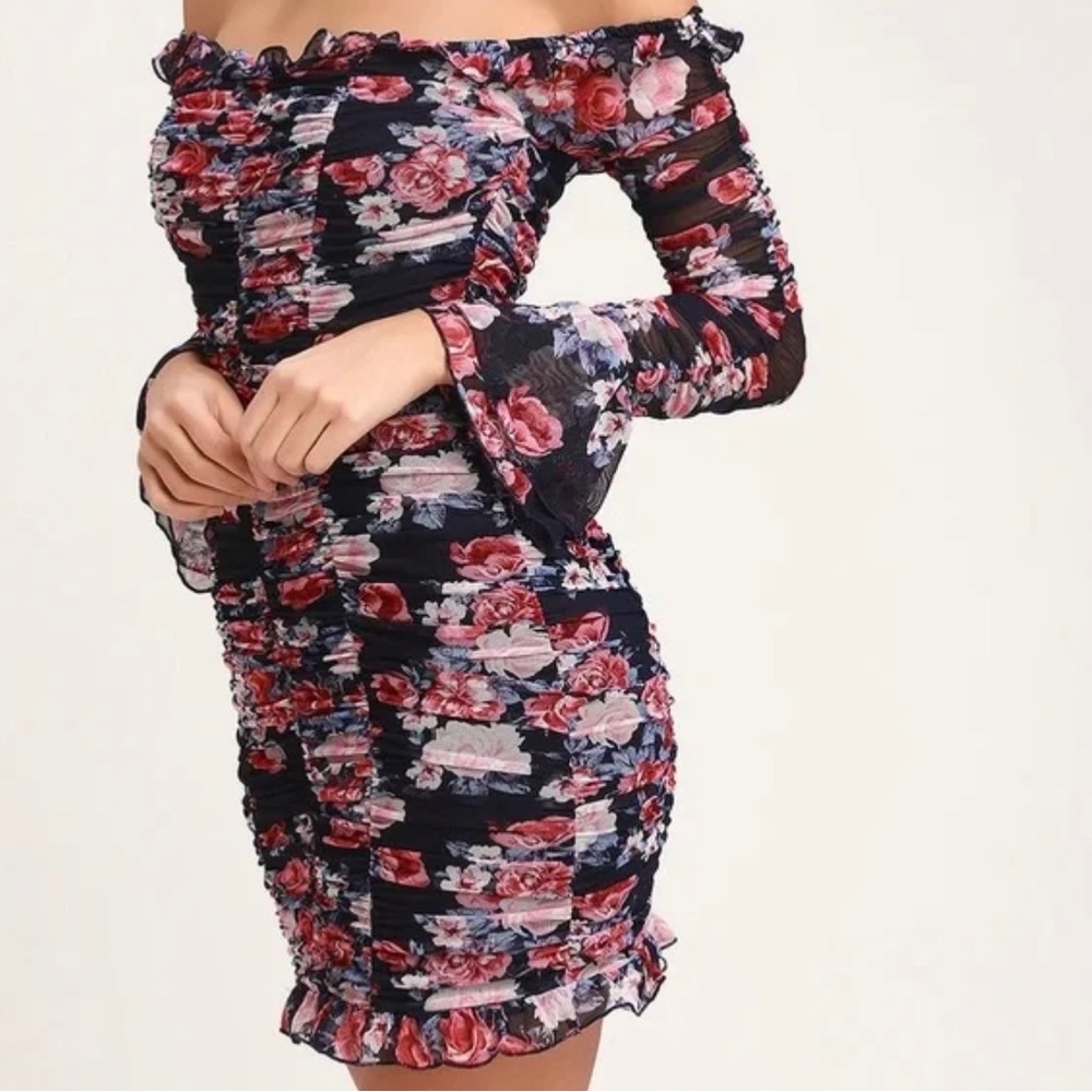 Lulus Ruche Hour Floral Ruched Off-the-Shoulder Dress - Large